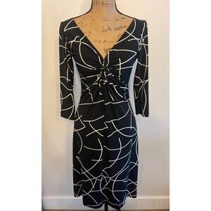 Maggy L Black White Abstract V Neck A Line Dress Size 8